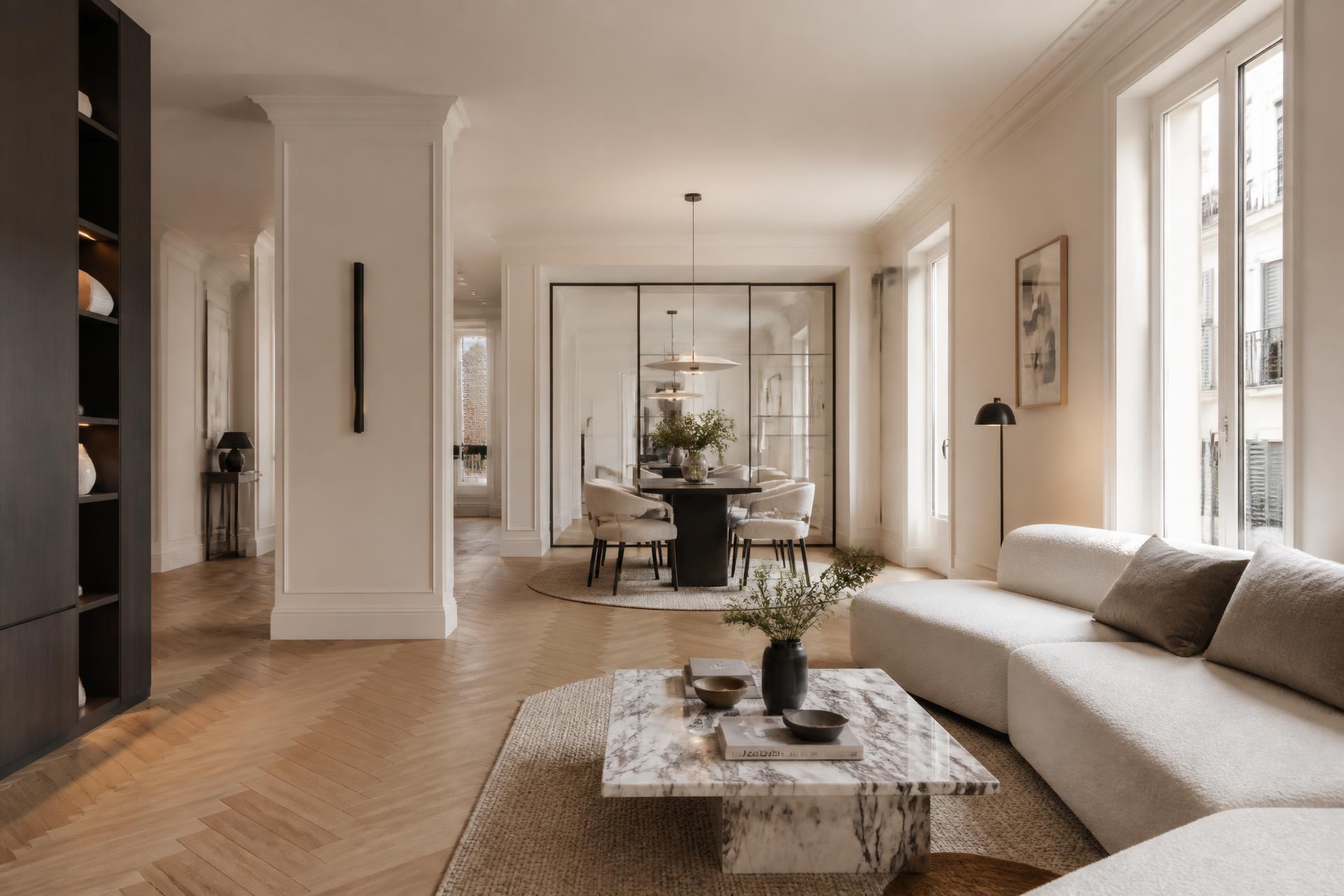 Salón de un piso reformado en Madrid con suelo de espiga y luz natural